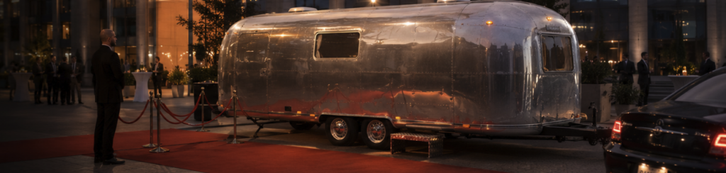 KI Generiertes Bild dass einen Airstream auf einem VIP event zeigt mit bodyguards und rotem teppich