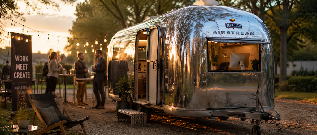 Silberner Airstream bei einem Arbeitsmeeting im Einsatz